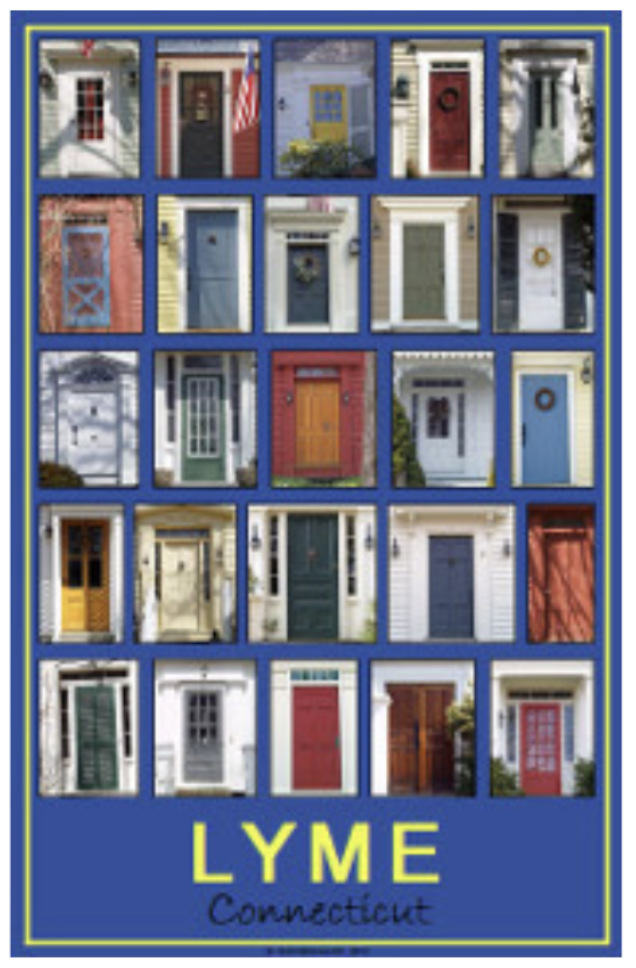 Collage of various colorful front doors from houses in Connecticut, arranged in a grid pattern, with the words 'Lyme Connecticut' at the bottom.