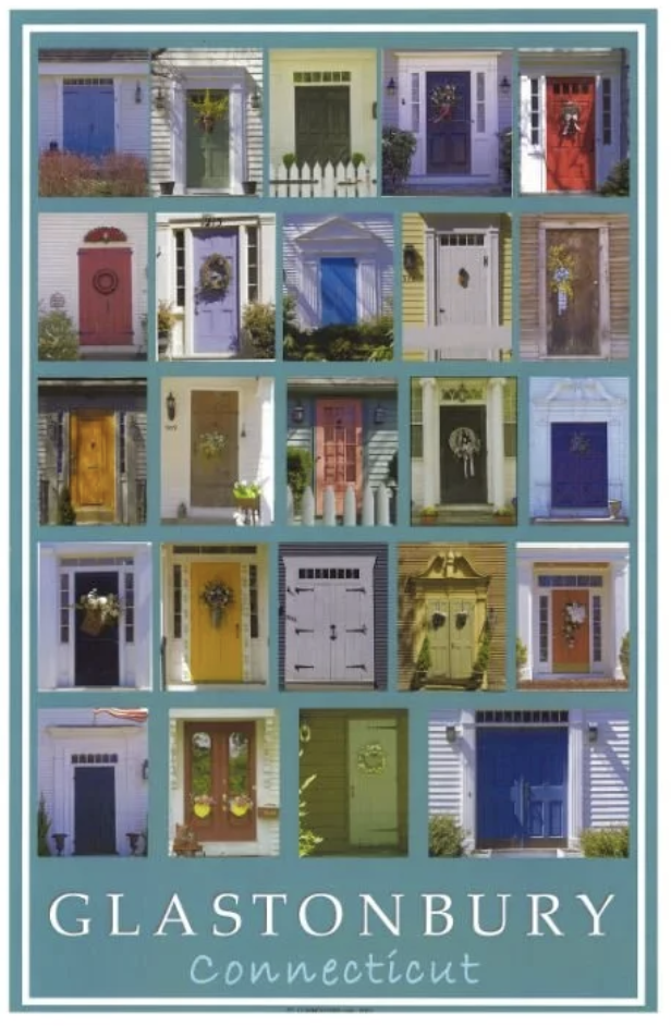 A collage of colorful decorated doors from houses in Glastonbury, Connecticut.