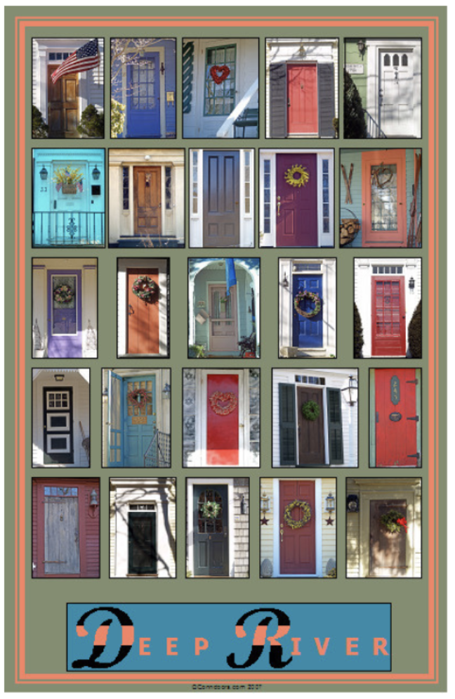 A collage of 26 different decorated front doors, each with unique colors, styles, and decorations, labeled 'Deep River' at the bottom.
