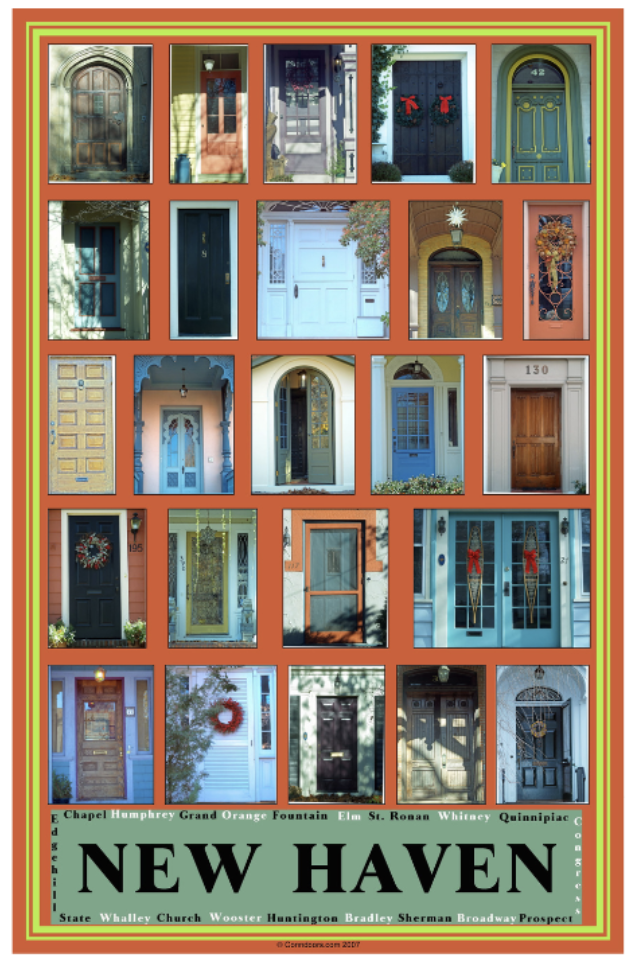 A collage of various vibrant and colorful front doors from New Haven, Connecticut, organized in a grid with a decorative border and town name at the bottom.
