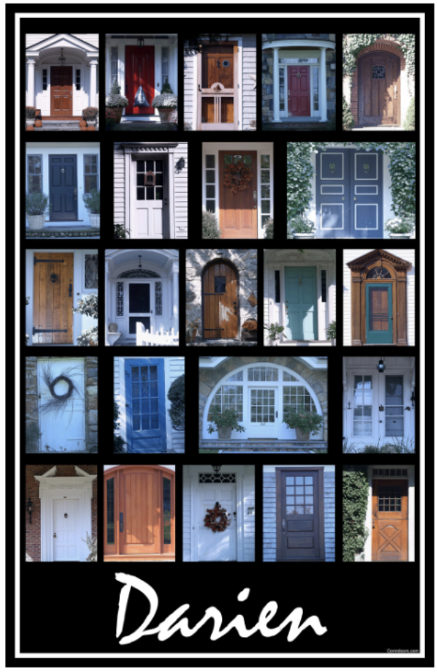 A collage of 20 different colorful front doors of houses, with various designs and decorations, and the name "Darren" in cursive at the bottom.