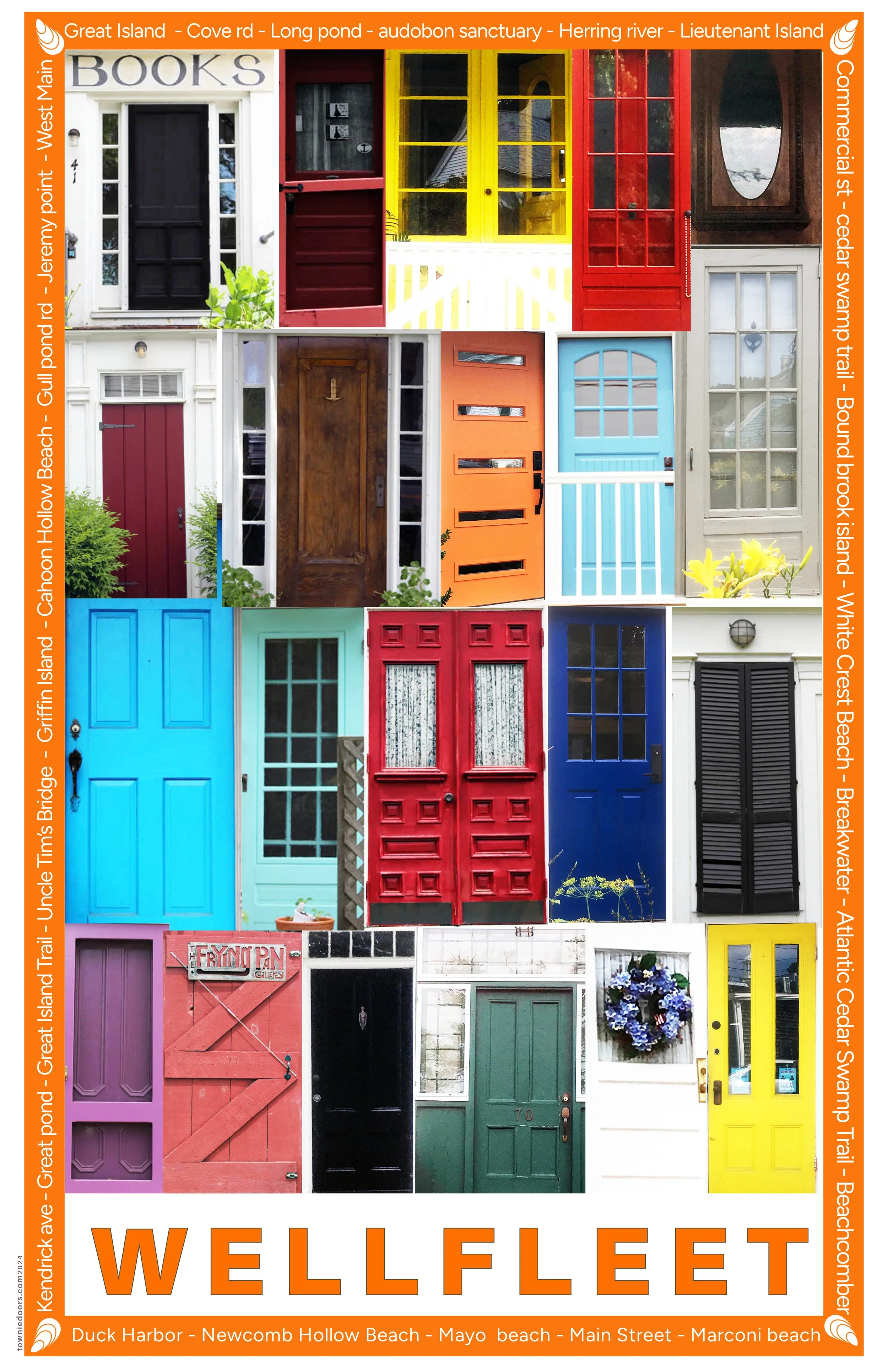 A collage of colorful front doors from various locations on Whidbey Island, including styles and colors like blue, red, green, yellow, black, purple, and white, with some featuring decorations like wreaths and windowpanes.