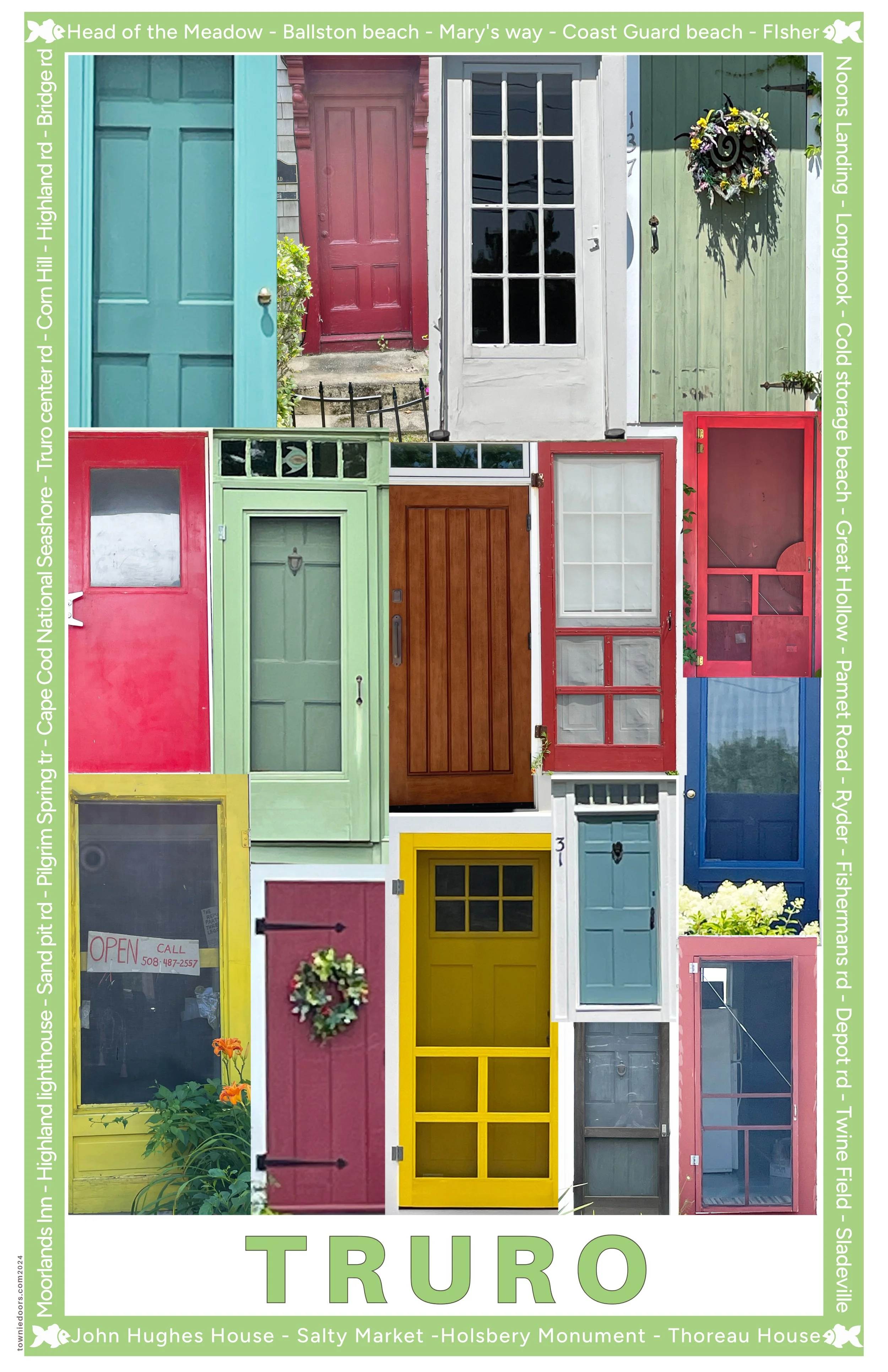 A collage of colorful doors, each with unique design and color, arranged in a grid. The collage features various styles including traditional, modern, and rustic, with some doors decorated with wreaths, flowers, or signs. The border of the collage is