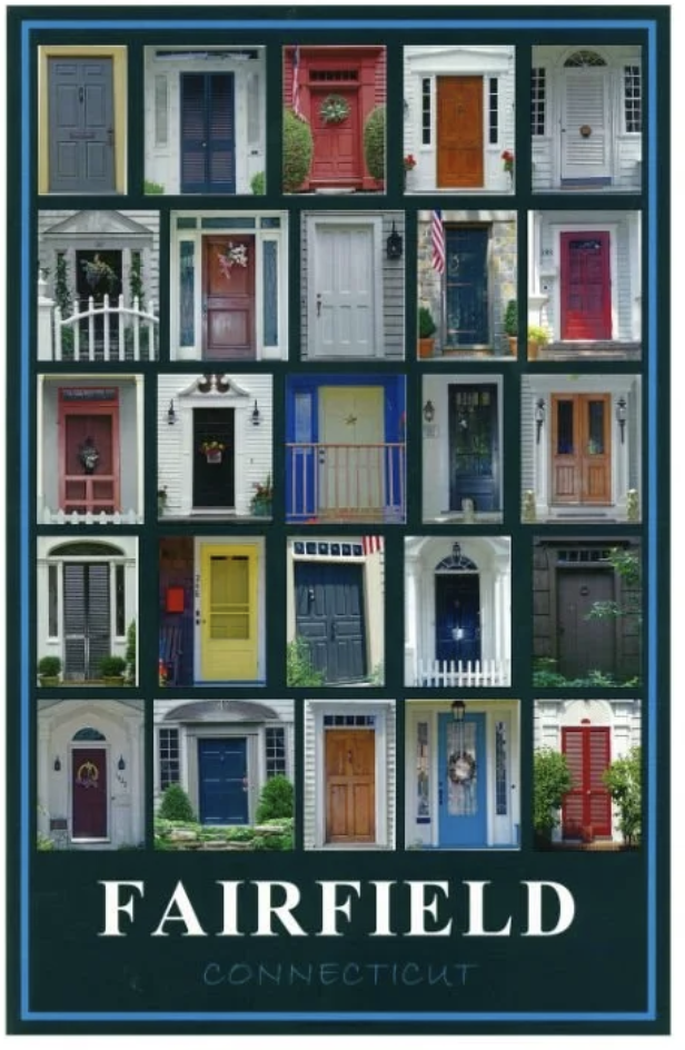 Collage of 20 colorful front doors from Fairfield, Connecticut, displayed in a grid with varying designs and colors.