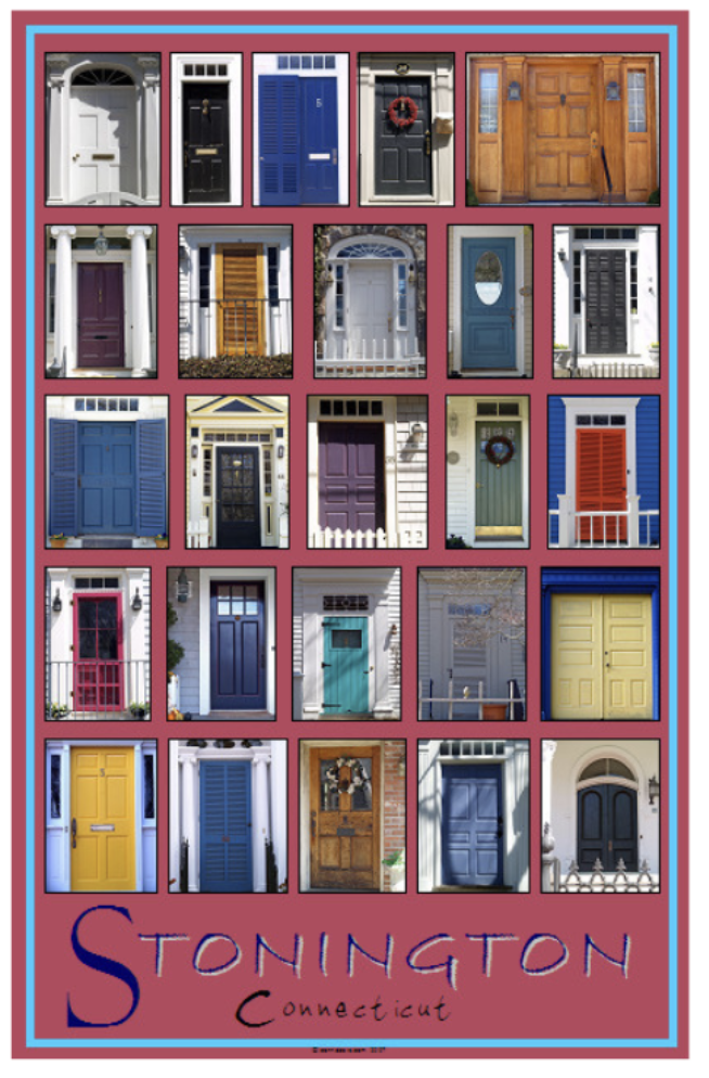 A colorful collage of 20 different front doors from Stonington, Connecticut, featuring various styles, colors, and decorative elements, with a pink background and the town's name at the bottom.