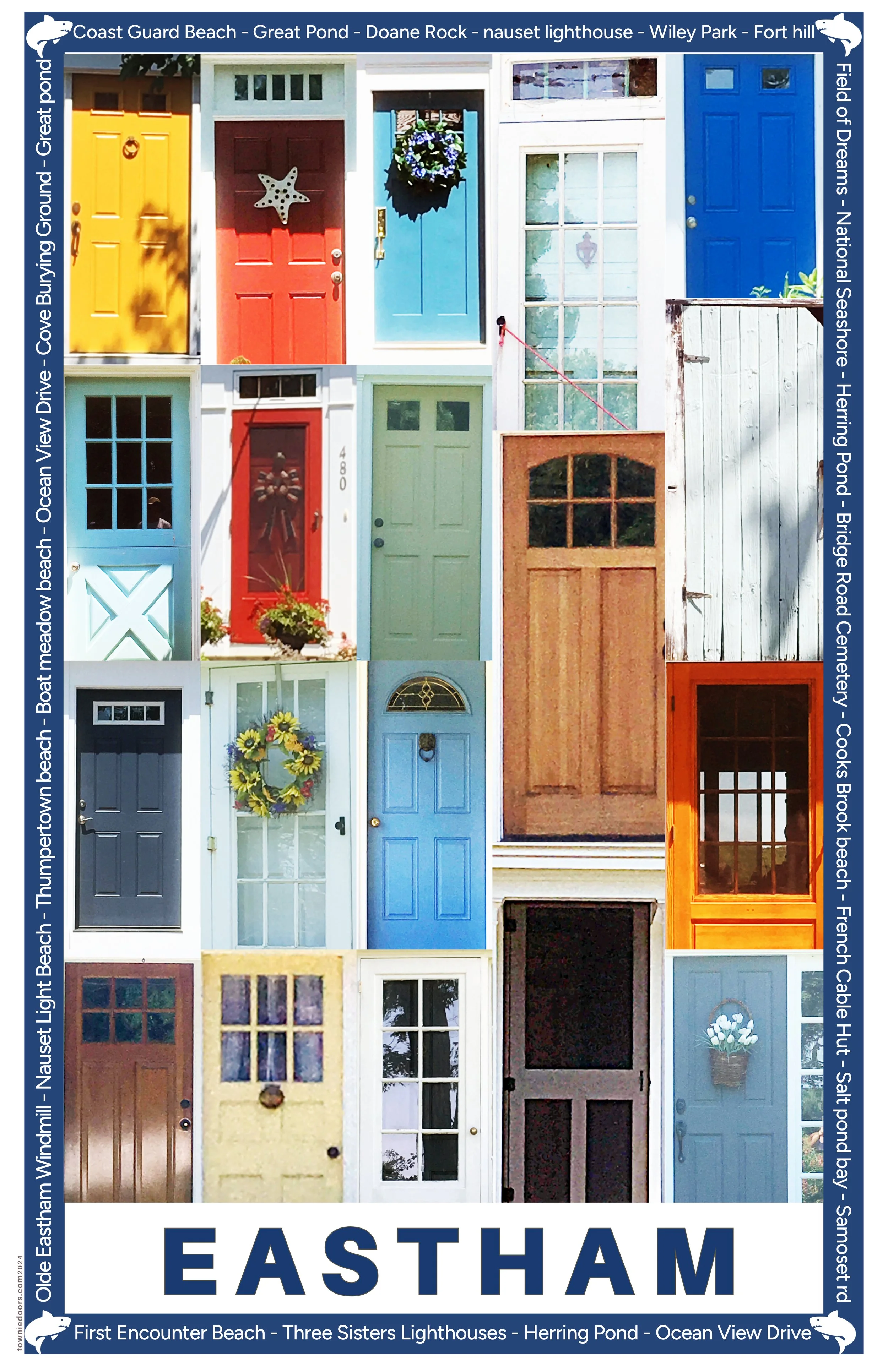 Collage of colorful doors in various styles, including yellow, red, blue, green, and brown, some decorated with wreaths, windows, or furniture, representing different houses and locations in Eastham, Massachusetts.
