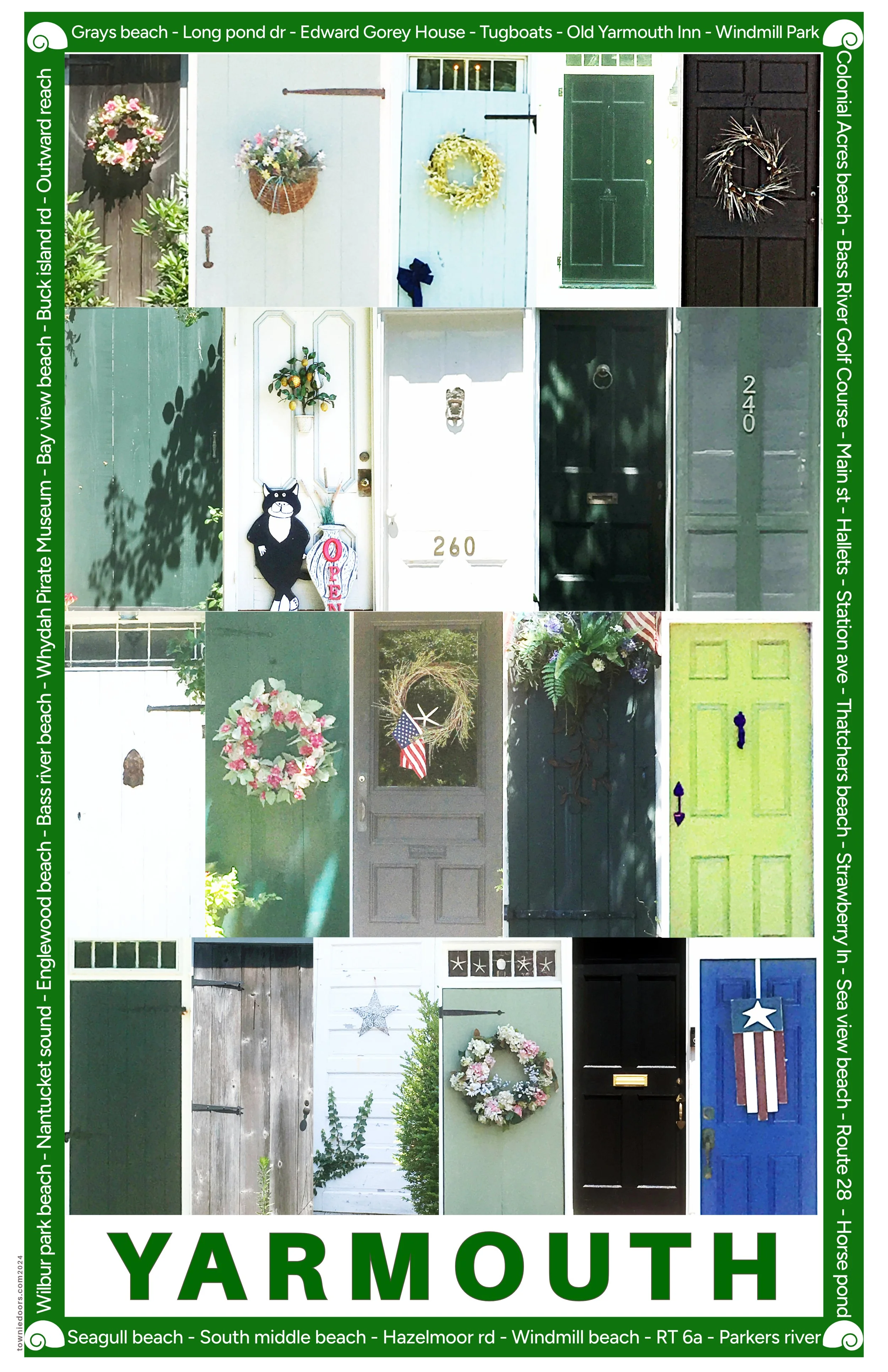 Collage of various colorful decorated front doors and wreaths, with some plants and signs, representing different homes on Yarmouth streets.