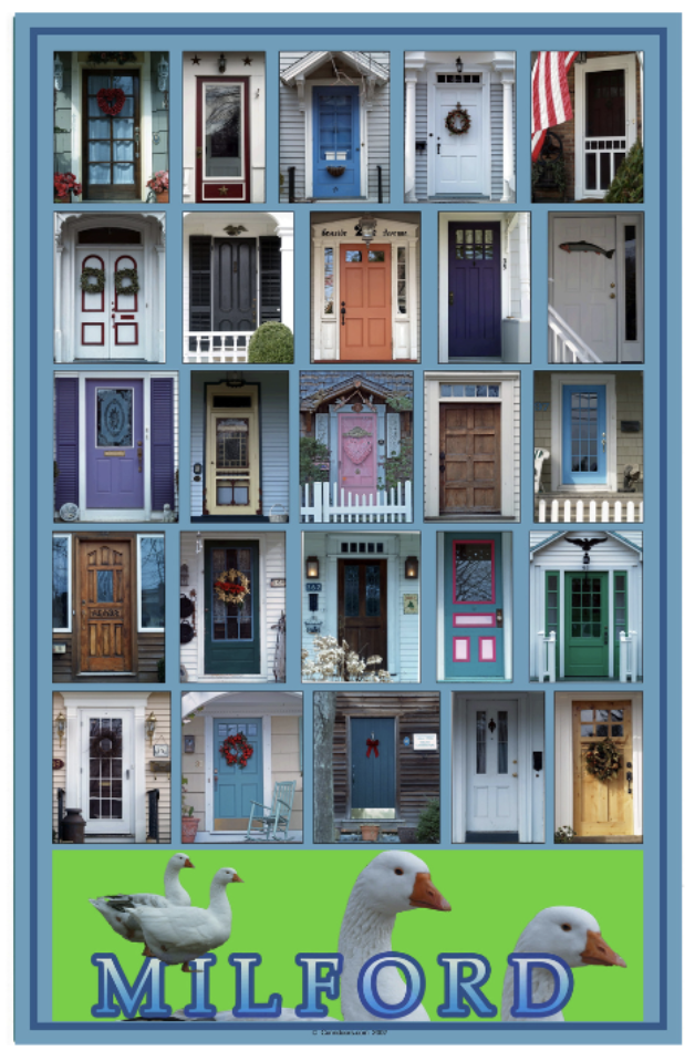 A colorful collage of 25 different front doors decorated for the holidays, with a green section at the bottom featuring three white ducks and the word "Milford" in large blue letters.