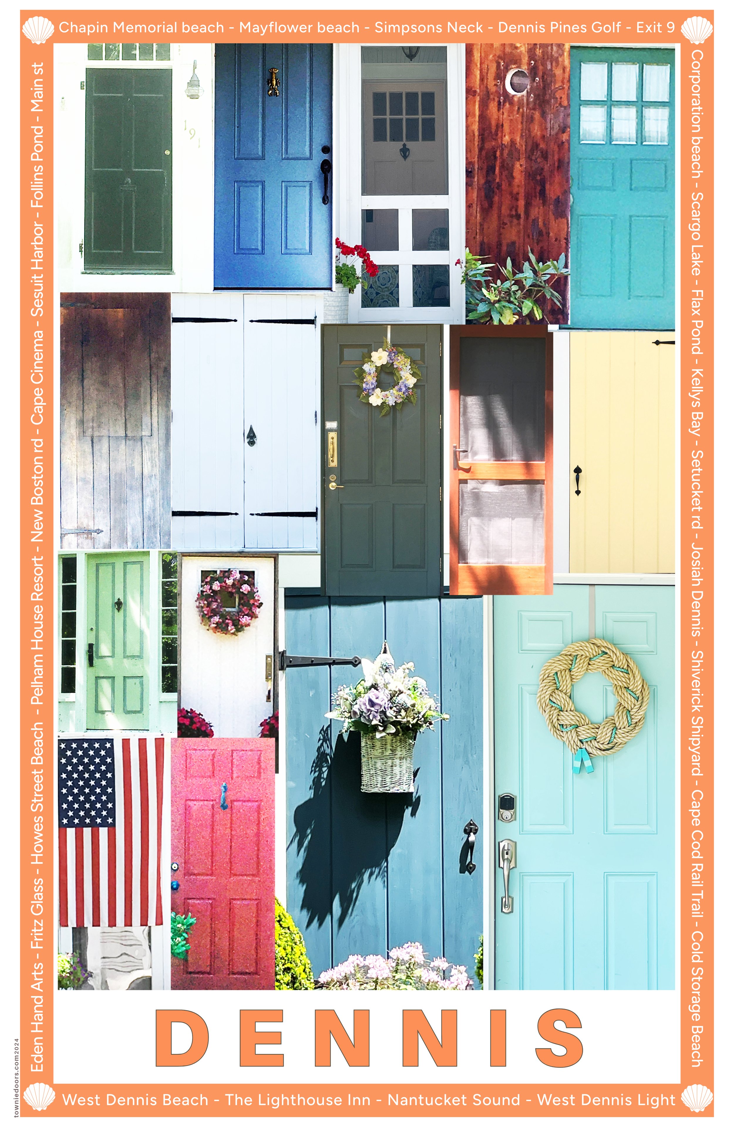 Collection of doors in various colors, styles, and designs, each decorated with plants, wreaths, or flags, set against different exterior backgrounds.