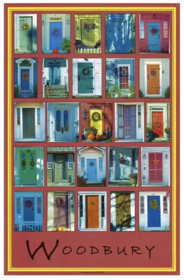 A collage of 20 colorful house doors with seasonal and decorative wreaths and accents, labeled "Woodbury" at the bottom.