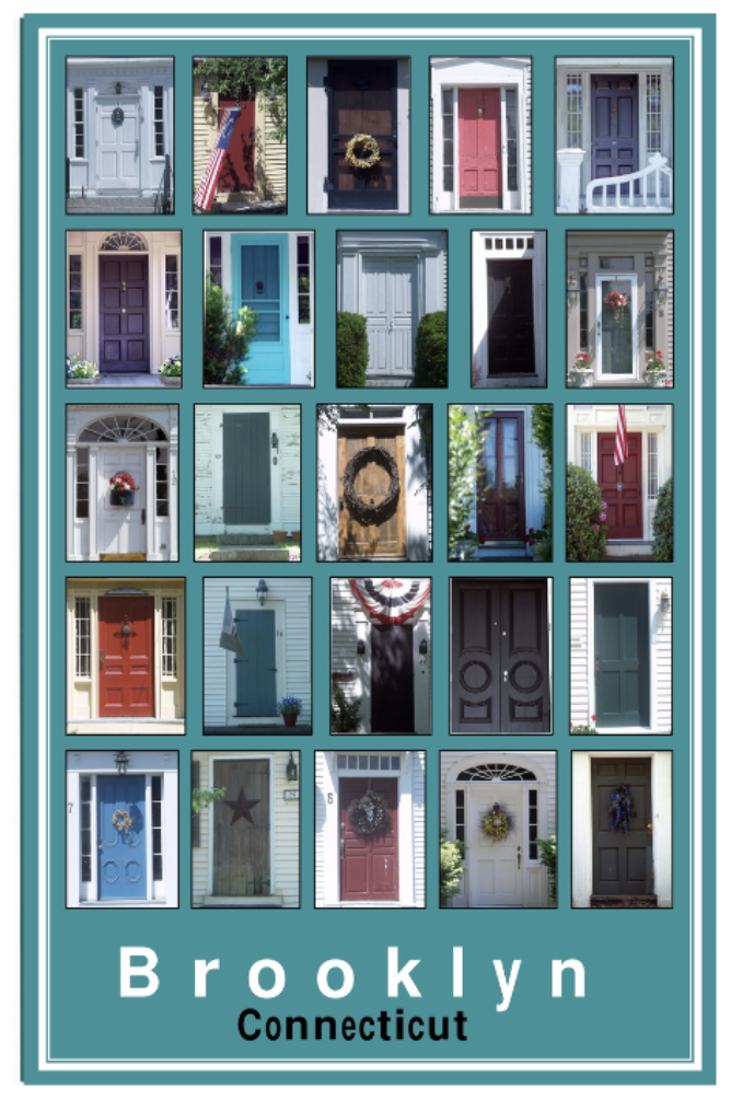 A collage of 20 different colorful front doors of houses, with various wreaths and decorations, in Brooklyn, Connecticut.