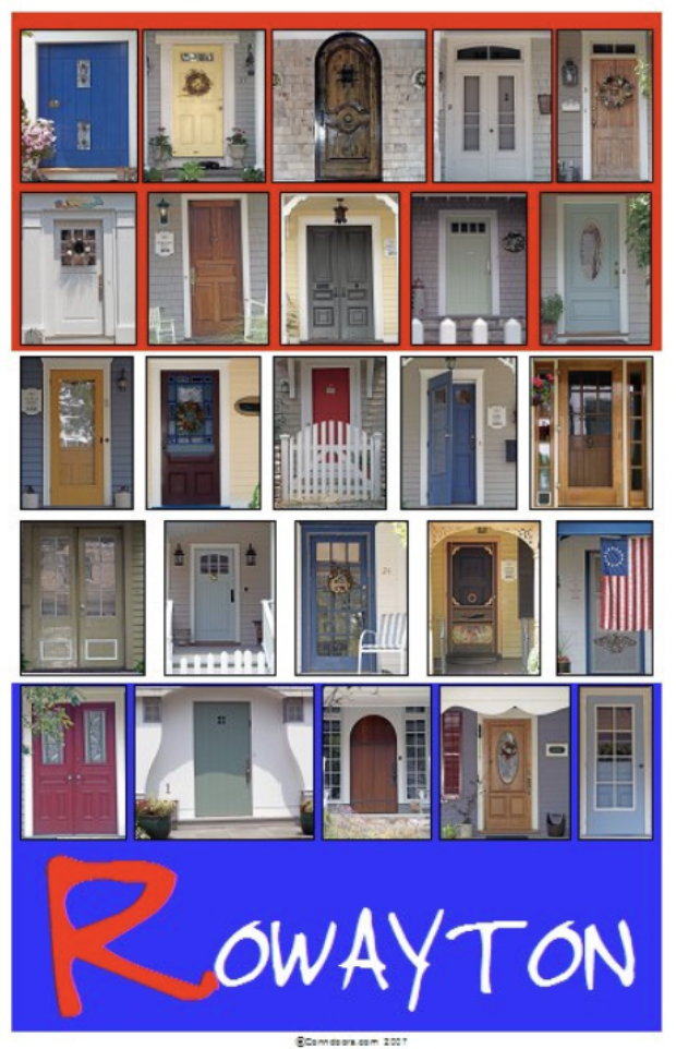 Collage of various colorful front doors from homes, with a blue background at the bottom featuring the name 'Rowayton' in white and red letters.