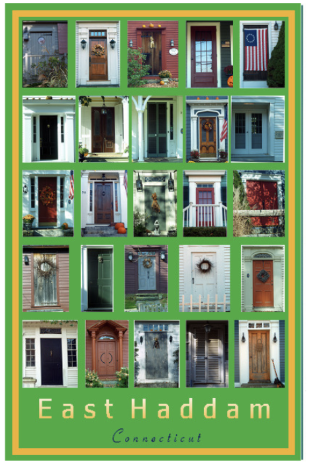 A colorful collage of 20 different front doors from homes in East Haddam, Connecticut, showcasing various styles and decorative elements.