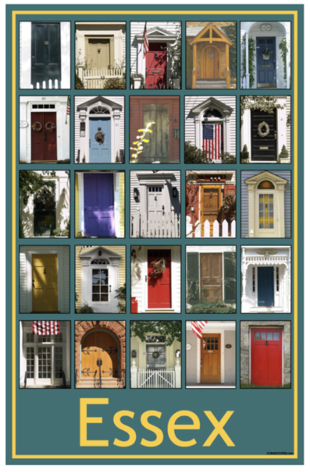 A colorful collage of 20 front doors from homes in Essex, featuring various colors and styles, arranged in a grid with a yellow border and the word 'Essex' at the bottom.