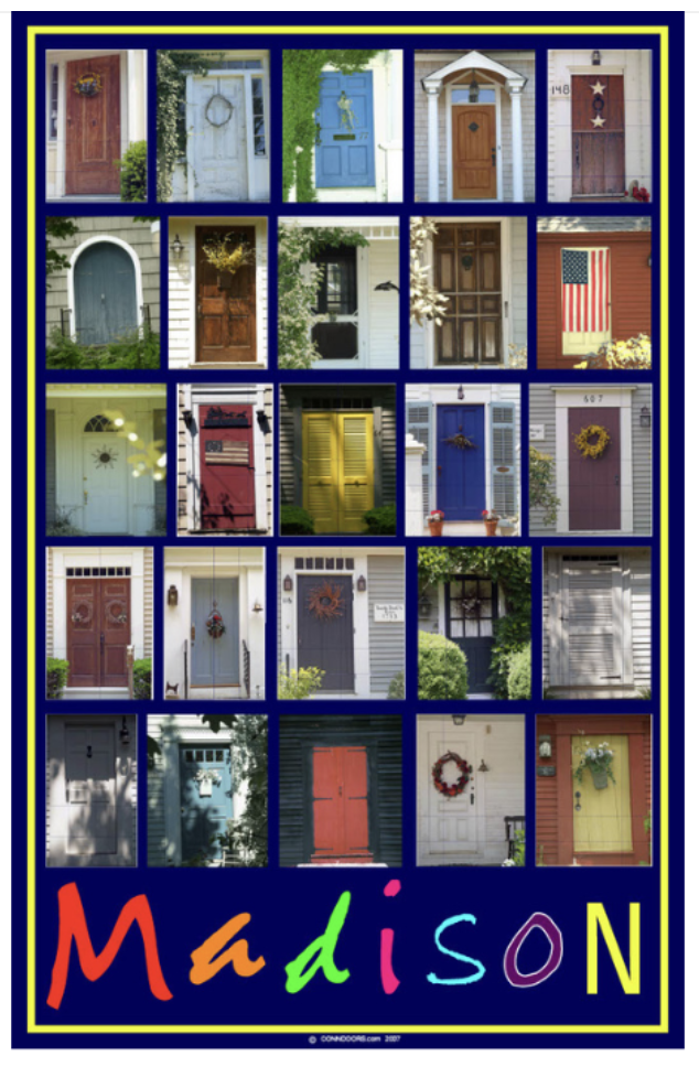 A collage of various colorful front doors of houses, each with unique designs and decorations, with a border and the word "Madison" at the bottom in multicolored letters.