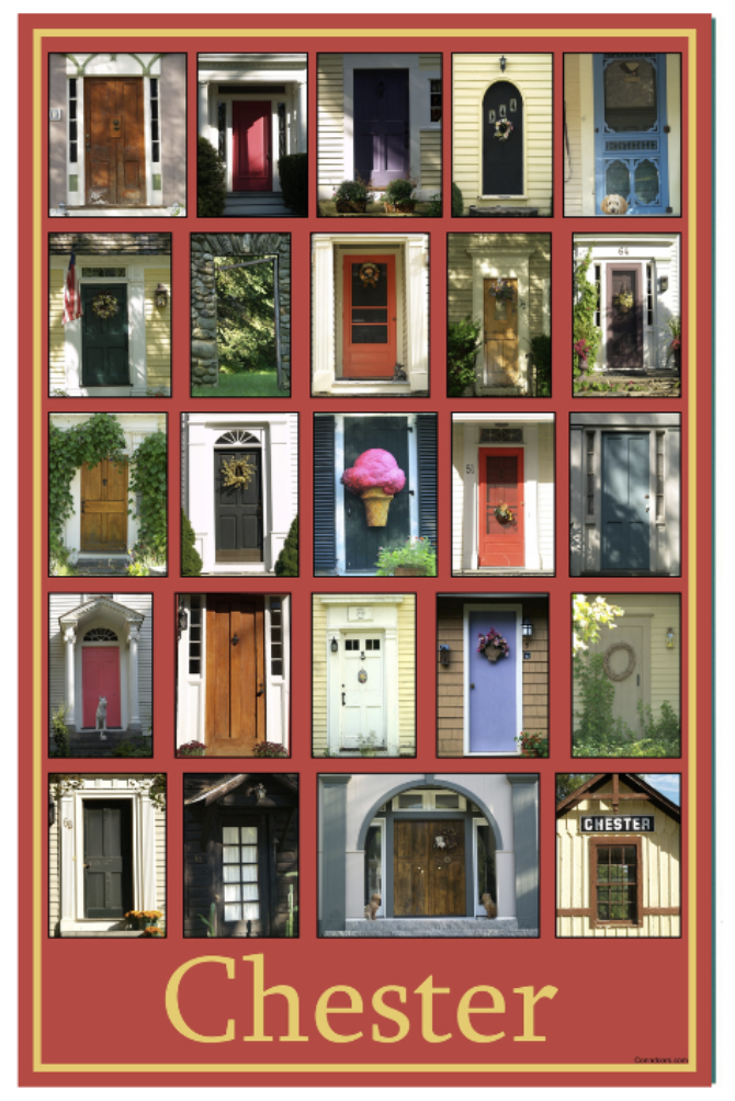 Collage of 20 colorful doors with various decorations and plants, titled 'Chester' at the bottom.