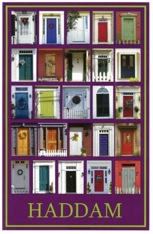 A collage of colorful front doors of houses, each with unique designs and decorations, framed by a purple border with green trim, featuring the word 'HADDAM' at the bottom.