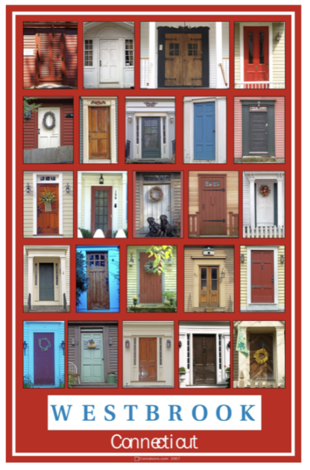 Collage of 20 colorful house doors from Westbrook, Connecticut, arranged in four rows, showcasing various designs and styles.
