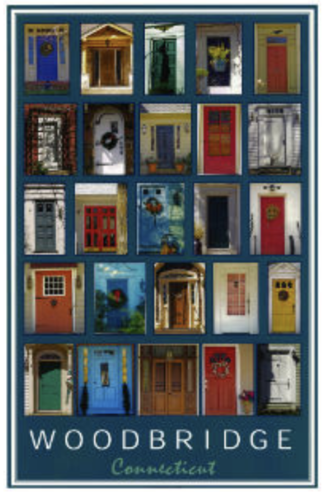 Poster features a collage of colorful house doors with the text 'Woodbridge Connecticut' at the bottom.