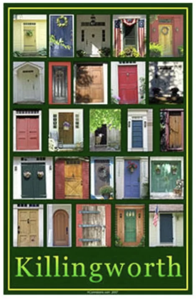 A collage of 24 different colorful front doors on houses, arranged in a grid, with the word 'Killingworth' written at the bottom.