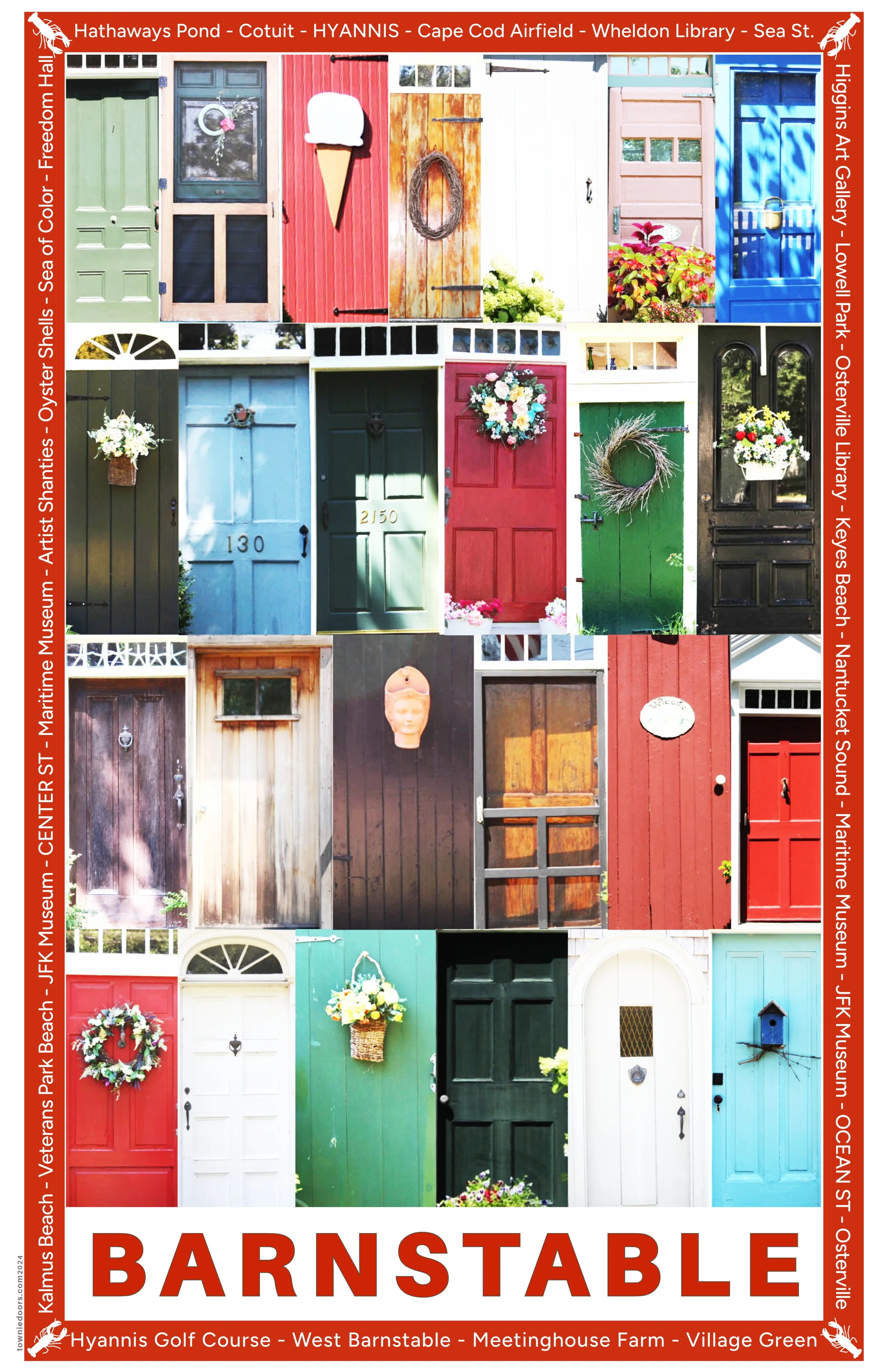 A collage of colorful barn doors, each decorated differently with wreaths, flowers, baskets, and other ornamental items, set against a bright red border with white text listing various locations and features in Hyannis, Cape Cod, Massachusetts.
