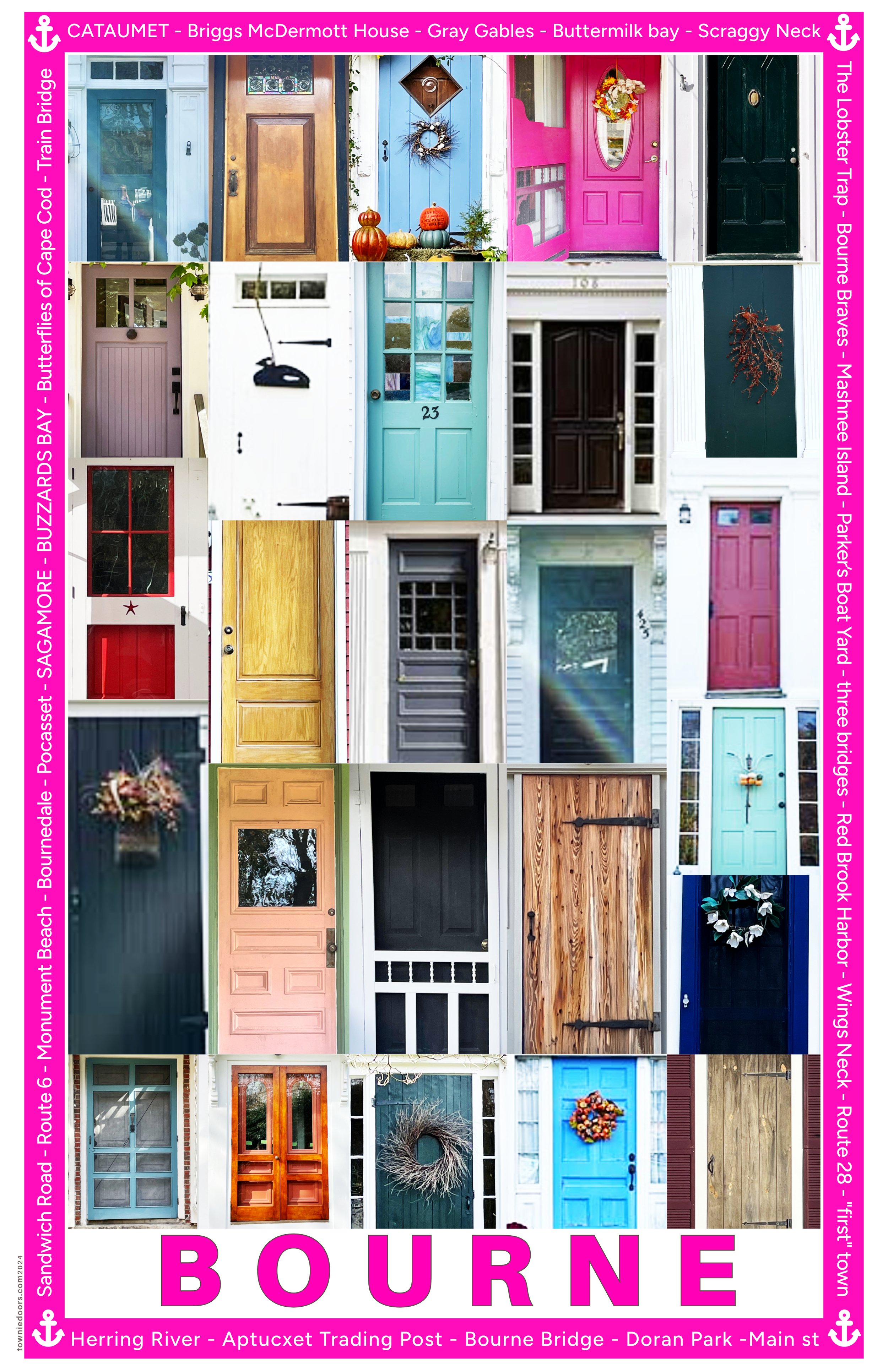Collage of various colorful doors from different neighborhoods, with a bright pink banner at the top and bottom listing neighborhoods in Borne, France. The collage includes doors of different styles, colors, and decorations.
