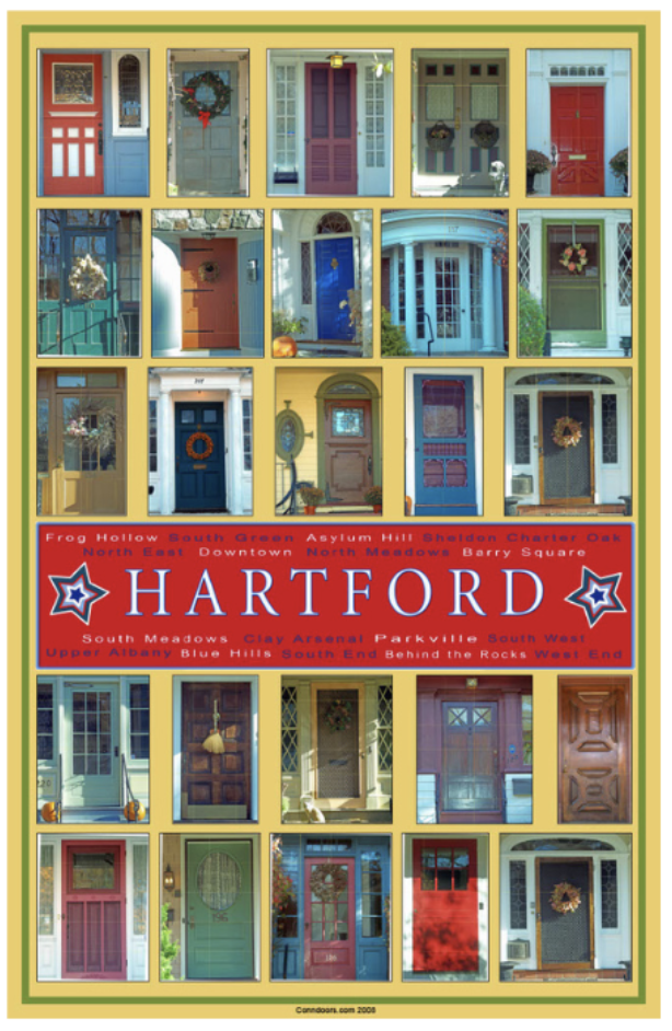 A display of various colorful house doors in Hartford, showcasing different styles and wreath decorations.