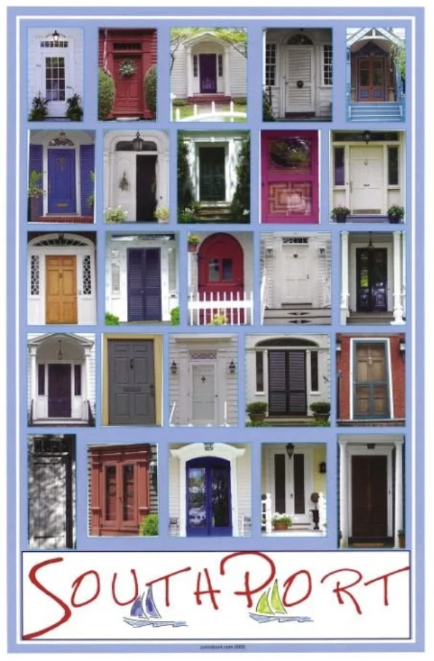 A collage of 20 different front doors in various colors and styles, with the word "Southport" and sailboat graphics at the bottom.