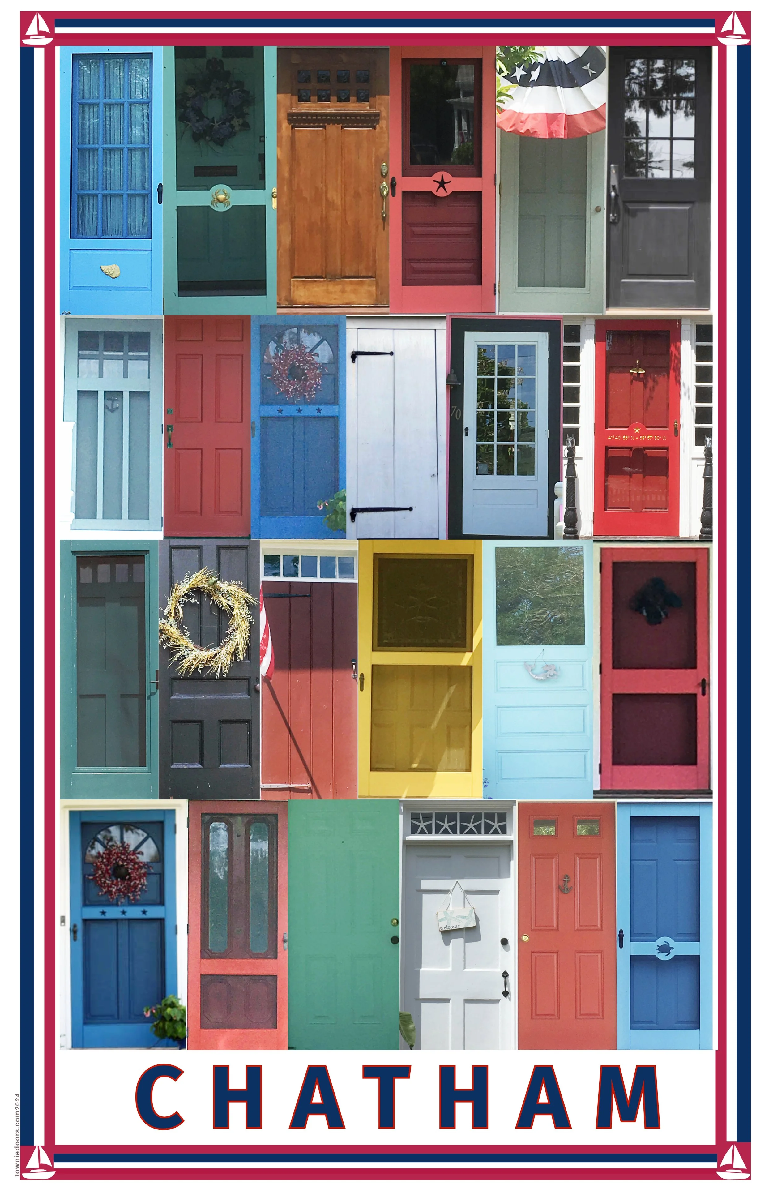 A poster showing a collage of various colorful doors, some with holiday decorations, and the word 'Chatham' at the bottom.