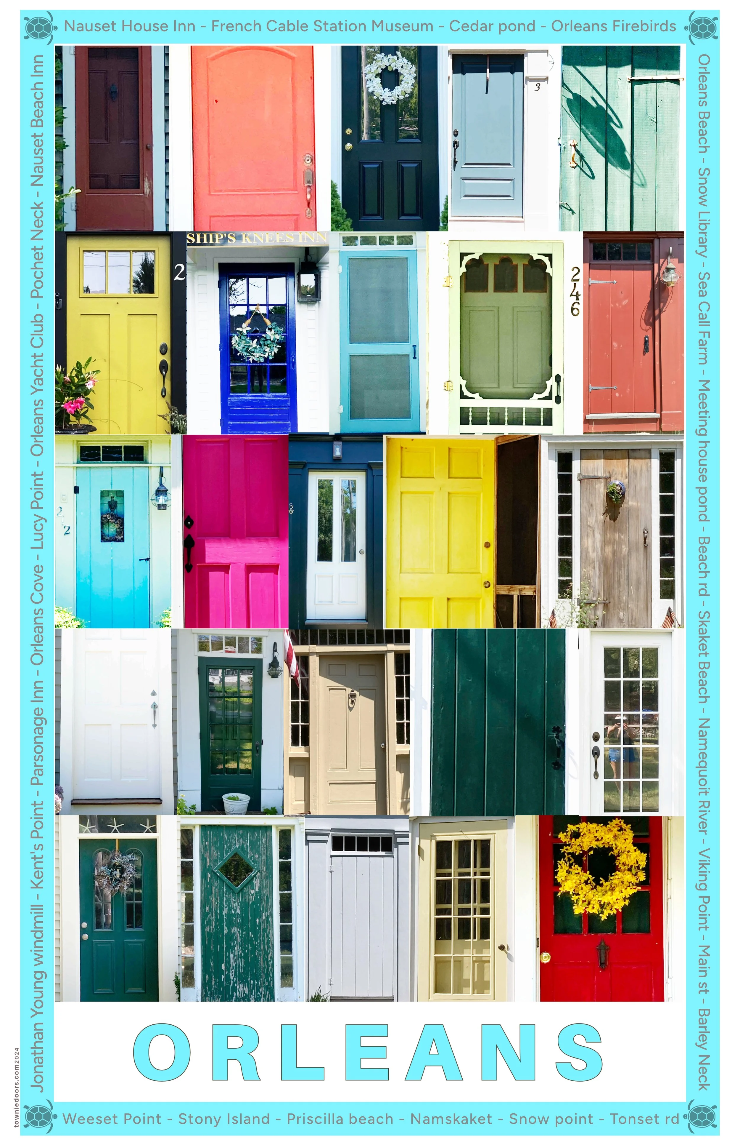 A collage of colorful doors in Orleans, Louisiana, each with unique designs and decorations.