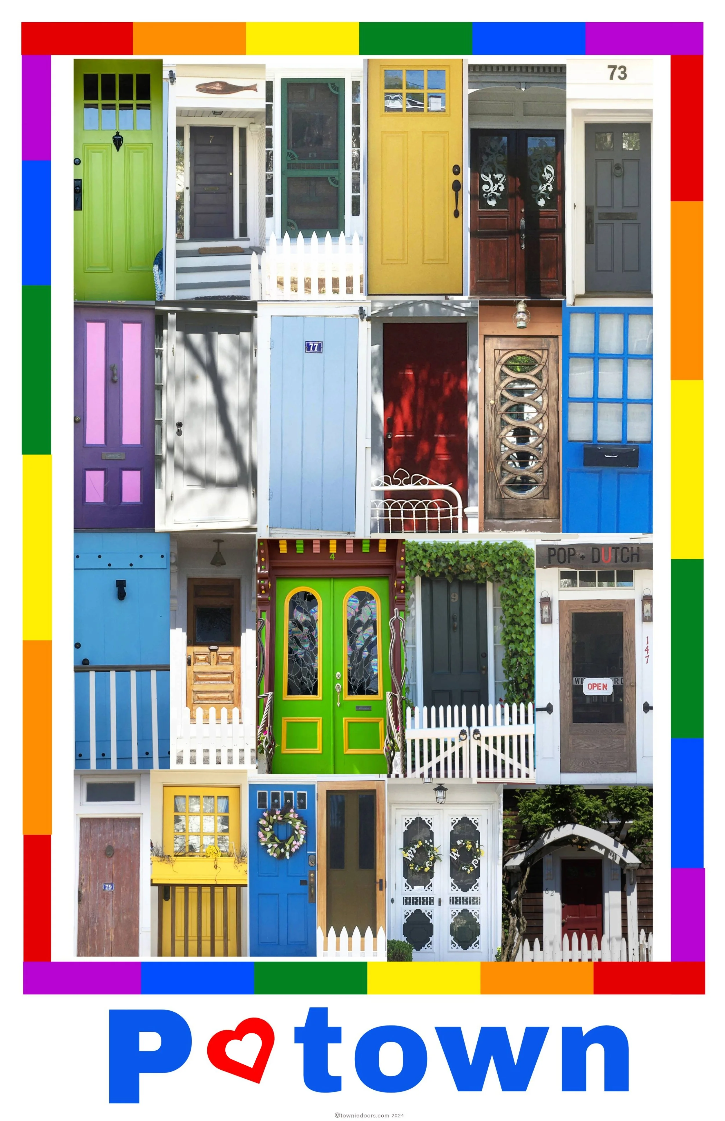 A collage of colorful front doors of houses arranged in a grid, with a rainbow-colored border and the word "Patown" at the bottom, with a heart in place of the letter 'a'.