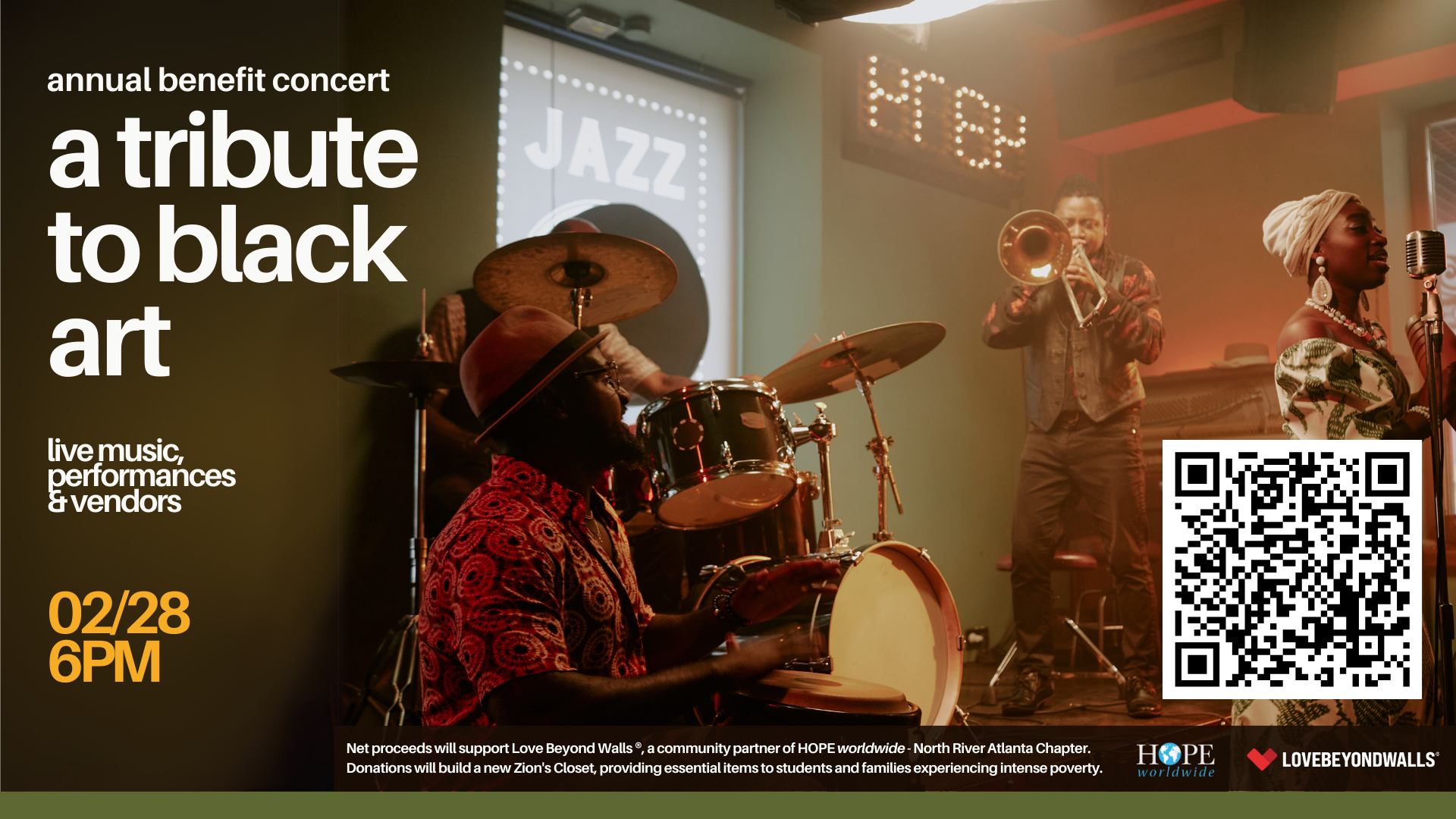 Live music performance at an annual benefit concert titled 'a tribute to black art.' The image shows musicians on stage with instruments, including a drummer and trumpet player, with a woman singing into a microphone. The event is scheduled for February 28th at 6 PM, with net proceeds supporting Love Beyond Walls and HOPE worldwide.