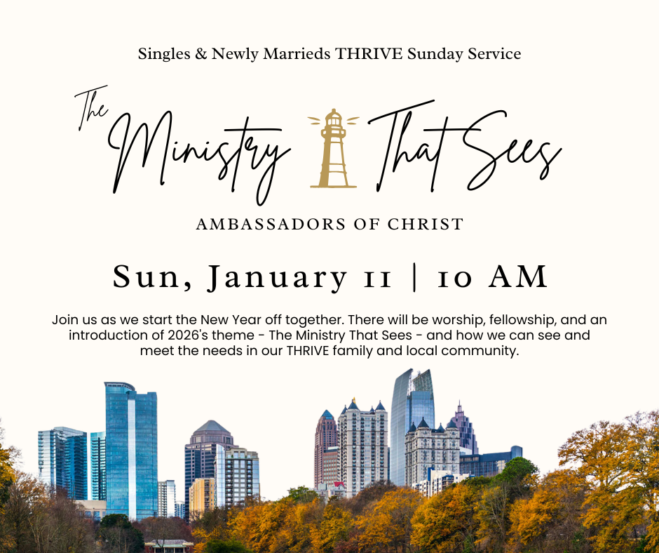 Announcement poster for a religious service titled 'The Ministry That Sees' scheduled for Sunday, January 11 at 10 AM. It features a skyline with tall buildings and autumn trees.