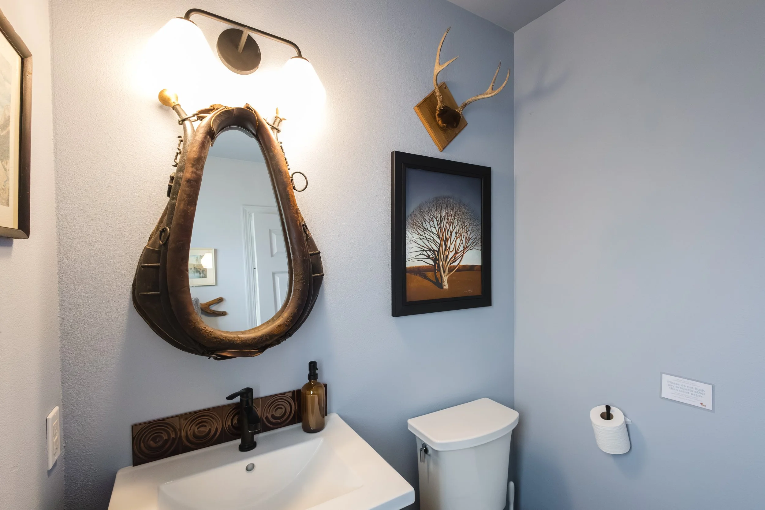 Bathroom with a rustic mirror, antler wall decor, framed tree artwork, and modern fixtures.