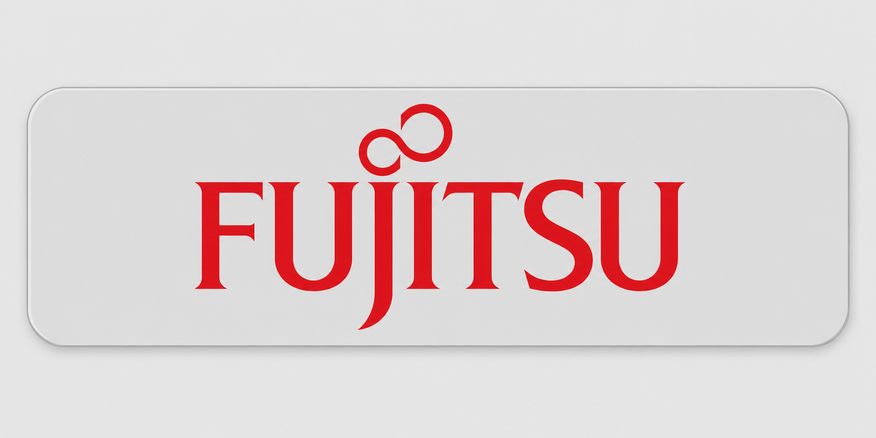 Fujitsu logo in red text with a stylized infinity symbol above the 'u' on a white background