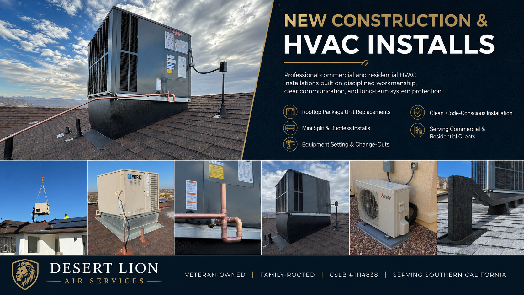 A digital banner advertising HVAC installation services by Desert Lion Air Services. Features images of HVAC units on rooftops, a crane lifting an AC unit, and text describing services like rooftop replacements, mini splits, equipment setup, and serving commercial and residential clients in Southern California.
