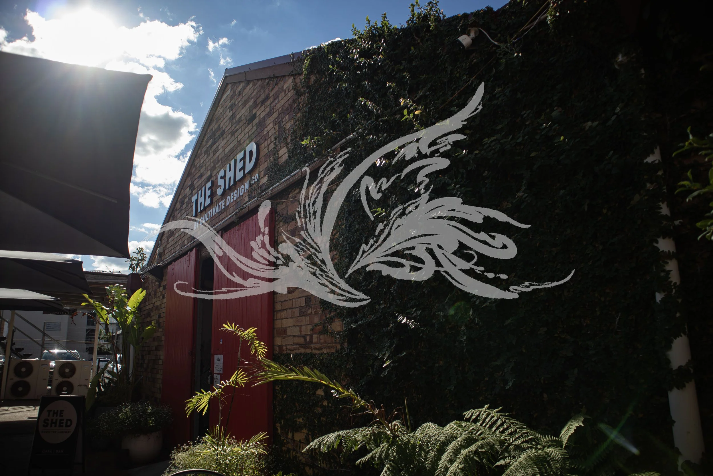 An outdoor scene with a brick building that has a sign reading 'THE SHED' and the words 'CULINARY DESIGN CO.' beneath it. There is a large white decorative flourish overlayed on the image. A cloudy blue sky is visible in the background.