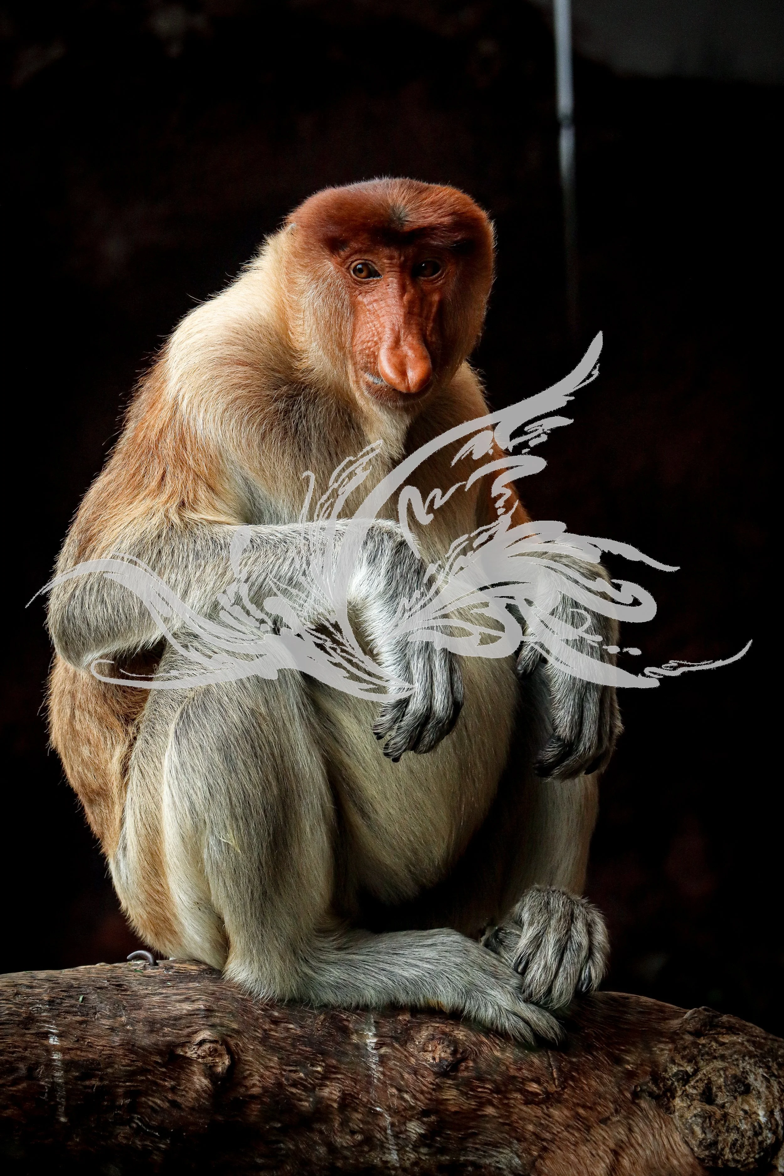 A proboscis monkey sitting on a tree branch against a dark background, with detailed fur and expressive eyes.