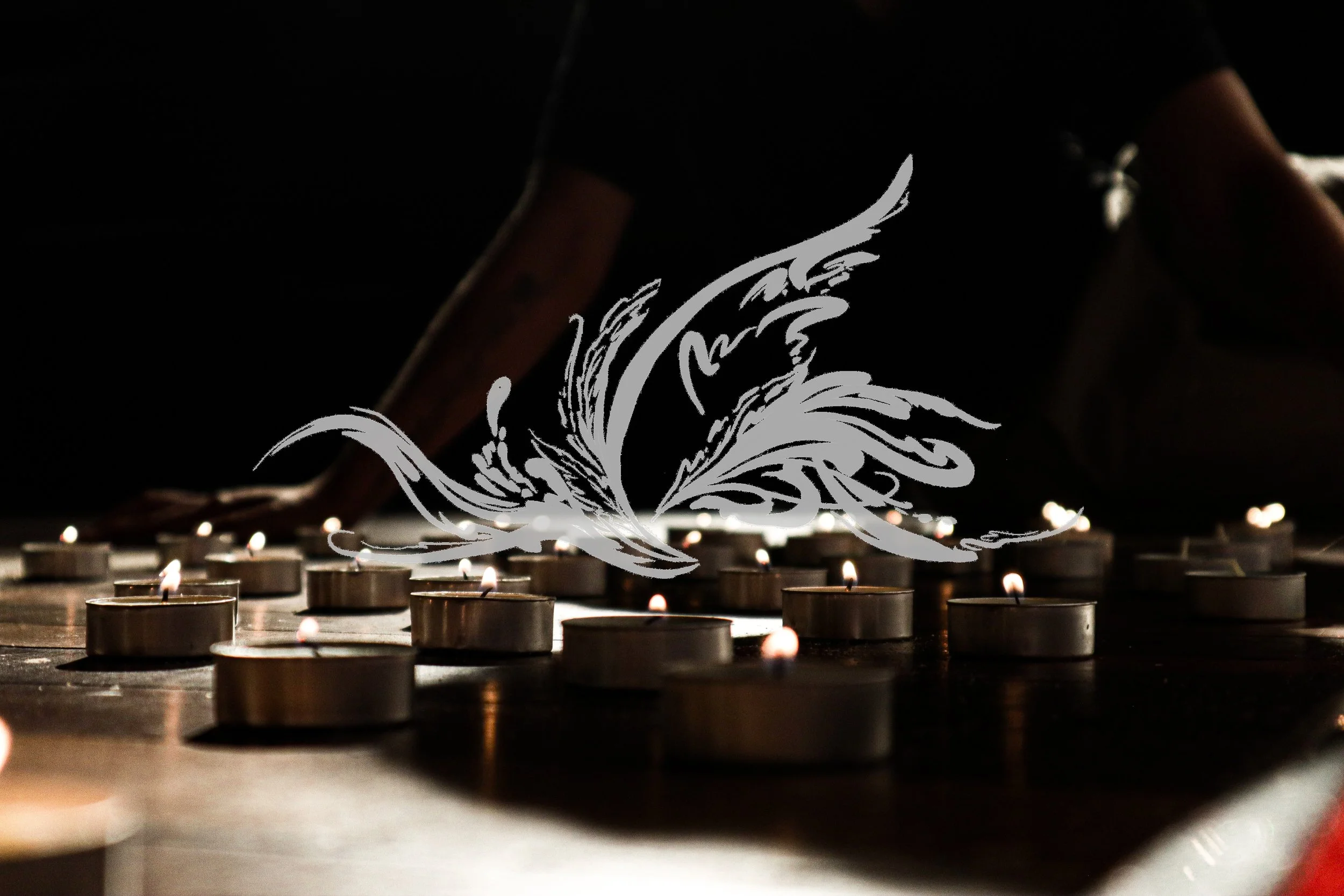 Person lighting tealight candles on a dark surface, with a white floral design overlay.