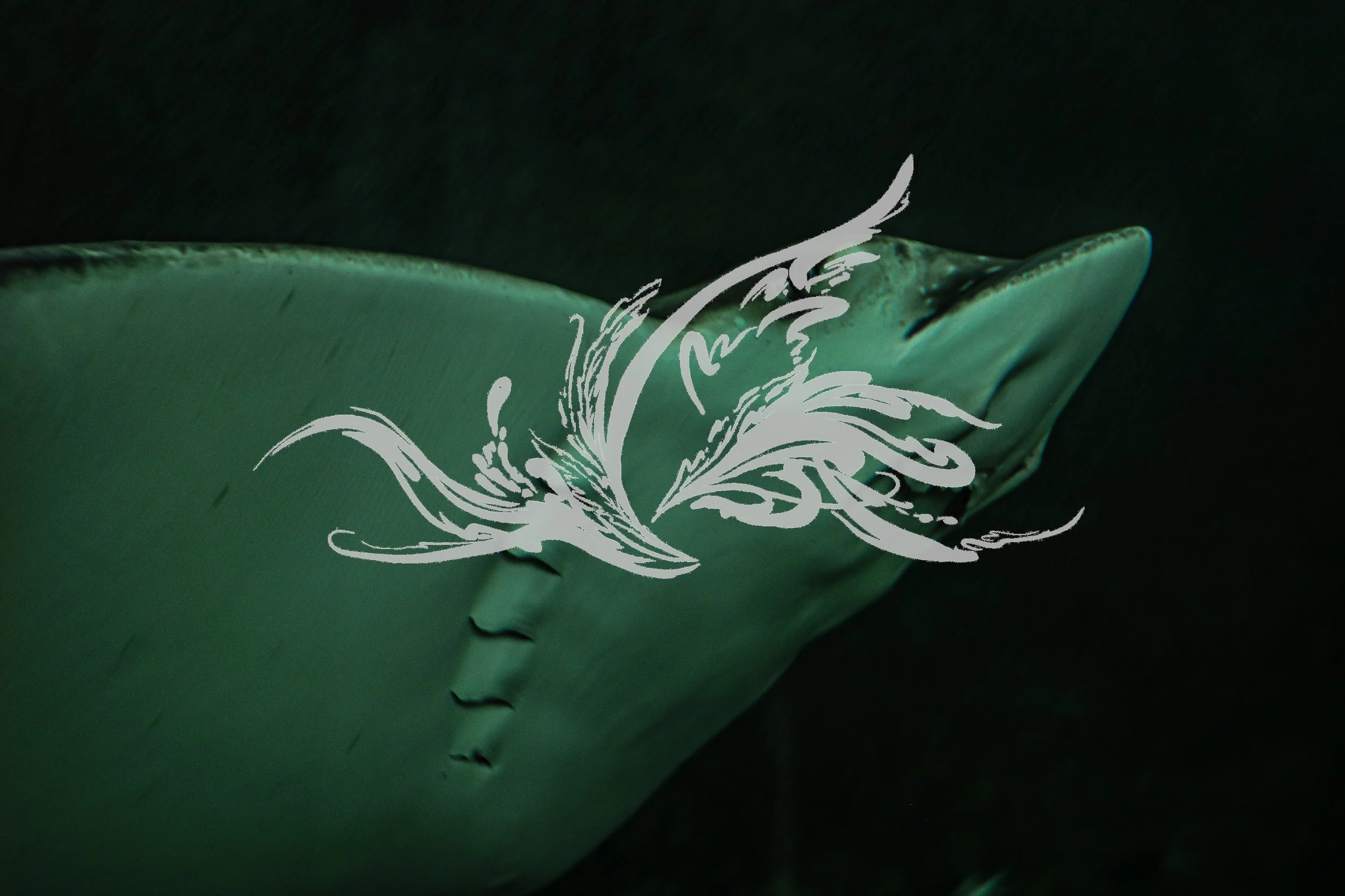 Close-up of a green surface with a white floral design and dark background.