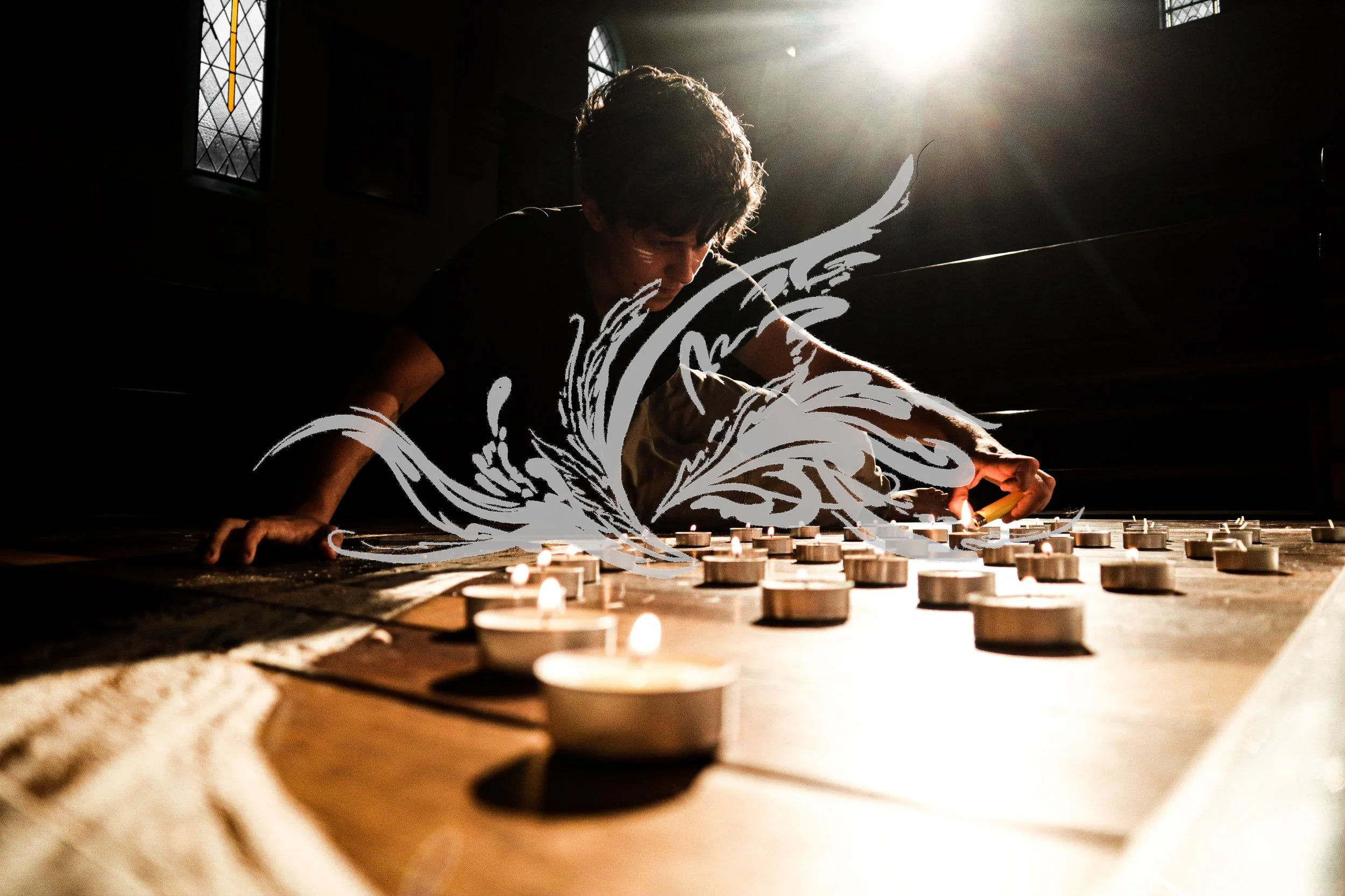 A person playing a piano in a dimly lit room with sunlight shining through stained glass windows, and a decorative overlay of swirling white lines.