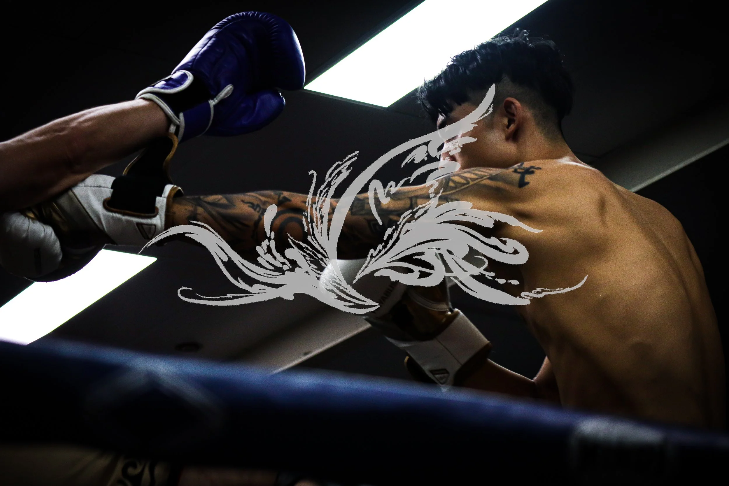A shirtless man with tattoos, dark hair styled upwards, holding a blue boxing glove, with a white decorative swirl overlay on the image.