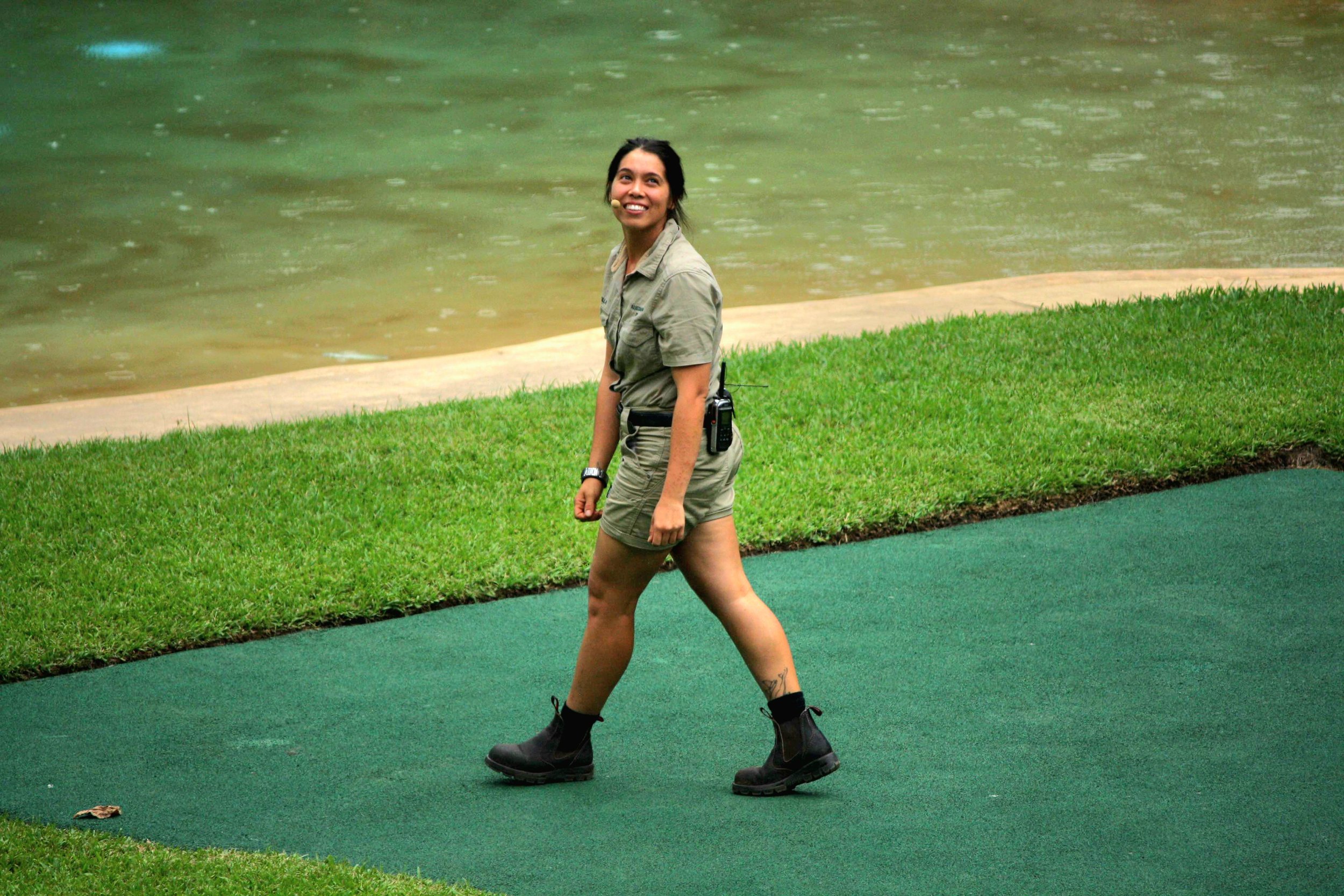 Priscilla Uren co-hosting the "Wildlife Warriors" show in the Crocoseum at Australia Zoo.