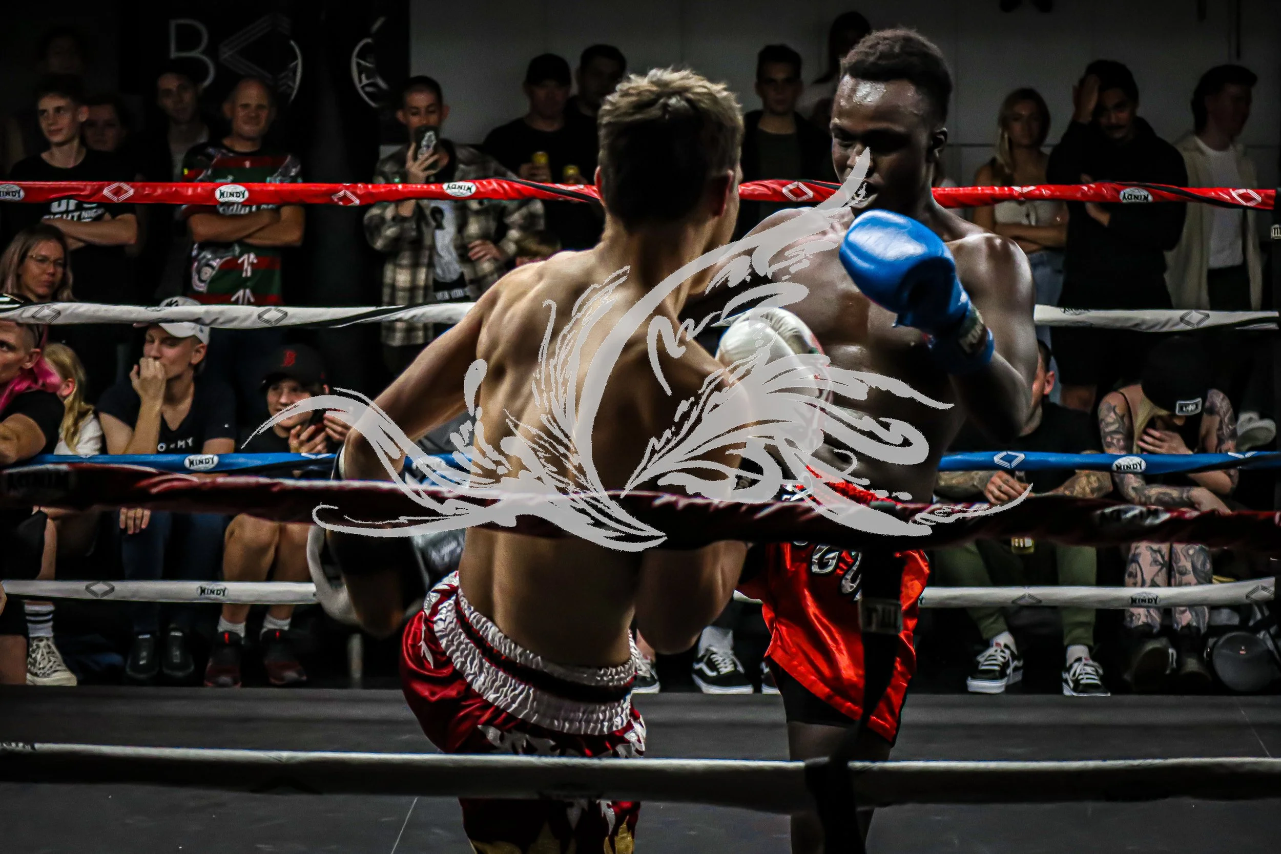 Two male fighters in a boxing ring, engaging in a match, with spectators watching.