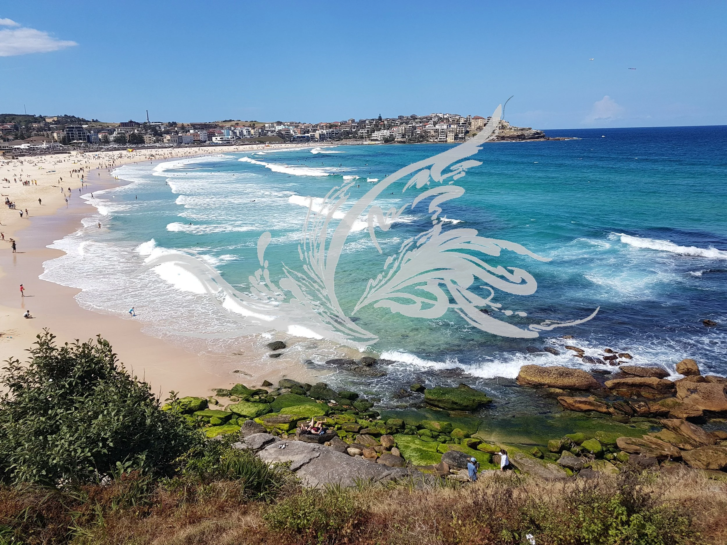 A view of a beach with colorful buildings and a hillside in the background, taken from a rocky and grassy area with some bushes in the foreground.