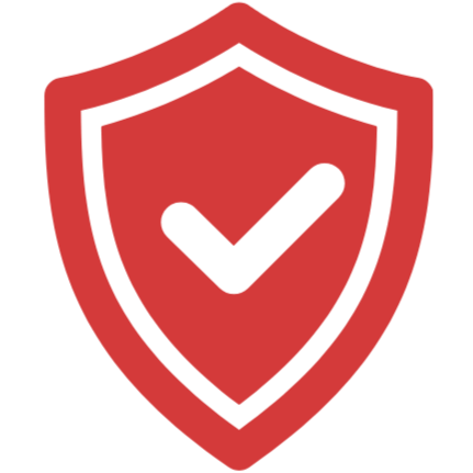 Red shield icon with a black checkmark in the center.