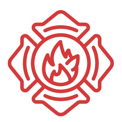 Red fire department emblem with a fire symbol in the center.