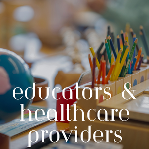 A collection of colored pencils in a container on a desk with blurred background, with overlay text 'educators & healthcare providers'.