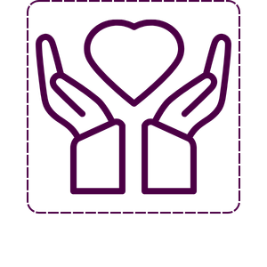 Outline of two hands holding a heart, in purple line art.