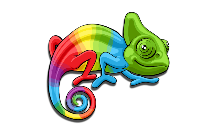 Colorful cartoon chameleon with a rainbow-colored tail and green head.
